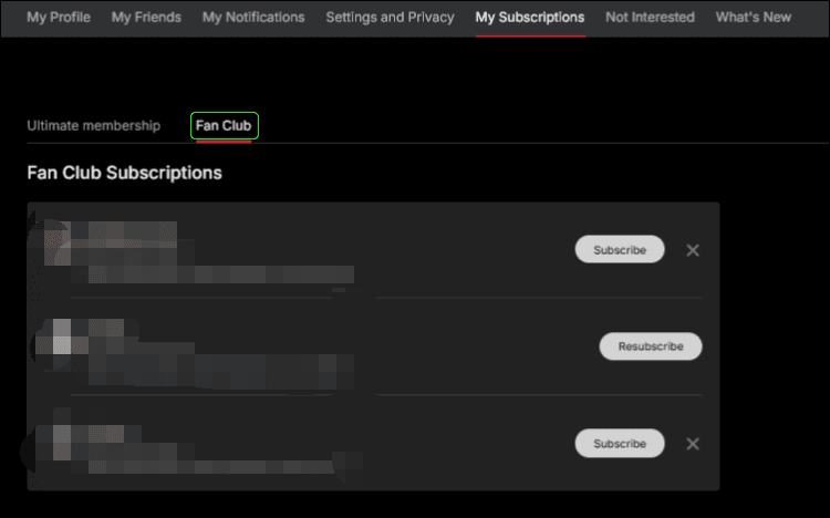 Fan Club subscriptions list under My Subscriptions
