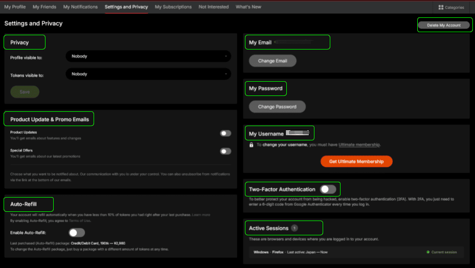Settings and Privacy tab with account options