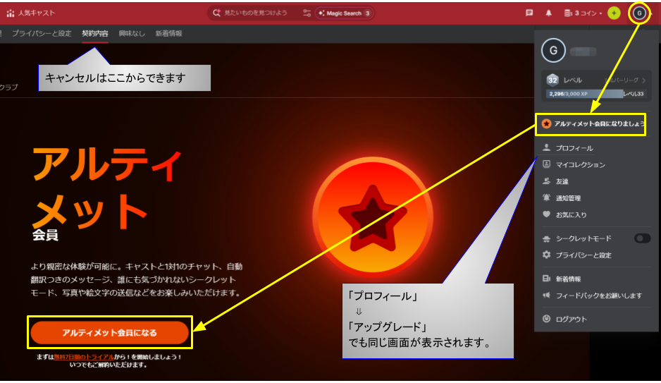 Stripchat(ストリップチャット)のアルティメット会員の申し込み画面1