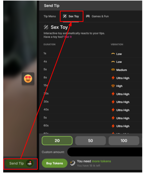 Stripchat toy control menu interface