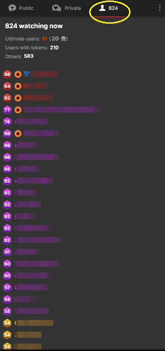 Stripchat chat room user list showing league badges
